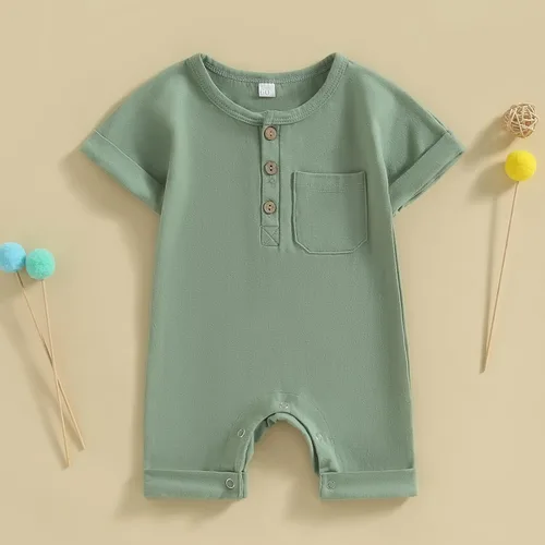 Miniatura 3 de Mubineo Mameluco de manga corta para bebé, niño, niña, verano, otoño, básico, liso, con botones