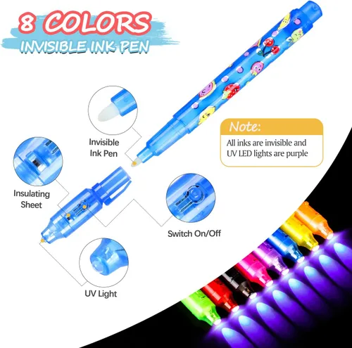 Miniatura 3 de TAFULOR Bolígrafo de tinta invisible para niños, recuerdos de fiesta de cumpleaños para niñas y niños, bolígrafos espía con luz UV, marcadores
