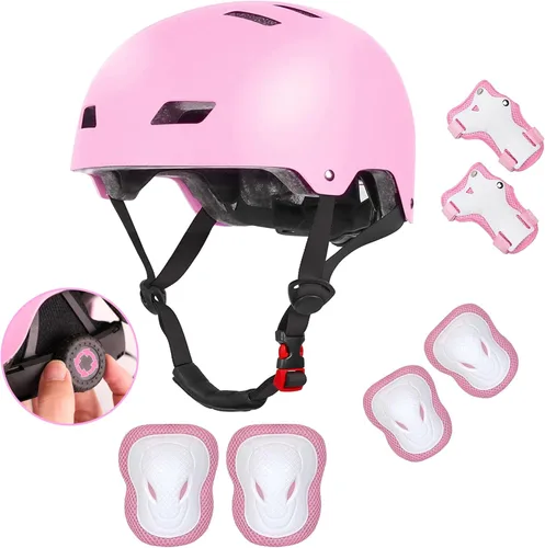 Casco de bicicleta para niños de Banzk, para edades 3-5-8-14+, para niñas y niños, casco con rodilleras, coderas y muñequeras, ventilación, #2 Rosa