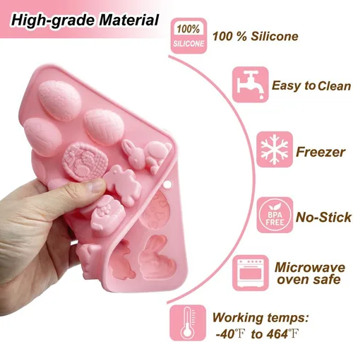 Miniatura 3 de Paquete de 2 moldes de chocolate para gomitas de Pascua, 18 cavidades, huevo, conejo, dulces, bandeja para hornear pastel de chocolate, postre