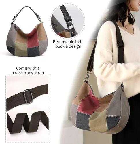 Miniatura 2 de Canvas Crescent Bag Medium Hobo Crossbody Bags for Women Color Block Purse