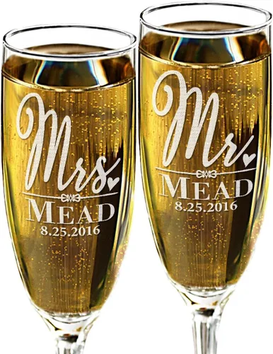 Copas de champán de boda personalizadas para señor y señora, regalos de boda personalizados con apellido y fecha, regalos de boda para novia y