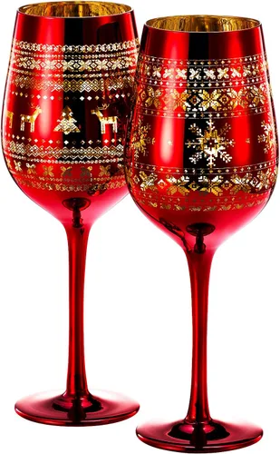 Copas de cristal para vino y agua para árbol de Navidad, juego de 2 unidades, diseño temático rojo y dorado grabado con nieve de invierno, vidrio