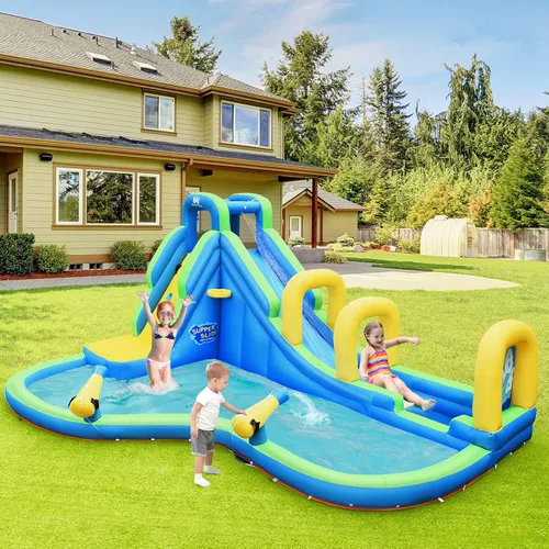 Miniatura 7 de HONEY JOY Tobogán acuático inflable, parque acuático 5 en 1, castillo, casa hinchable con cañones de agua, tobogán largo con arco, tobogán acuático
