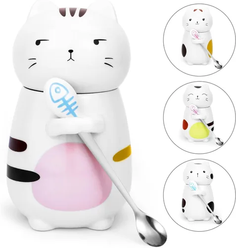 Disoza Taza de Gato con Tapa Regalo de Gato Taza de Té de Cerámica con Cuchara Taza de Té de Café 400 ML Taza de Navidad Regalo de Cumpleaños para