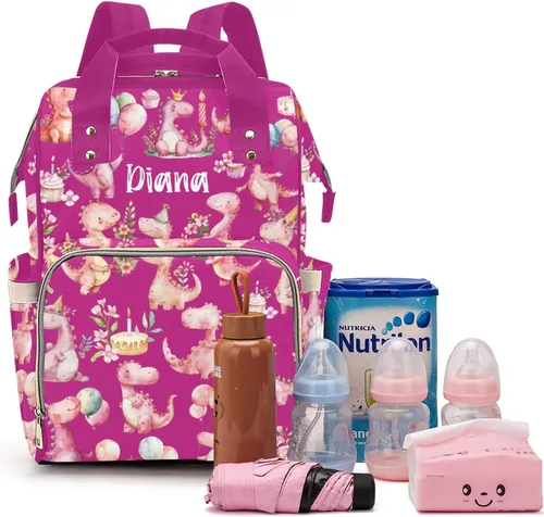 Miniatura 13 de Linda bolsa de pañales personalizada de dinosaurio tropical de gran capacidad para bebé, niño y niña, impermeable, con nombre personalizado, mochila