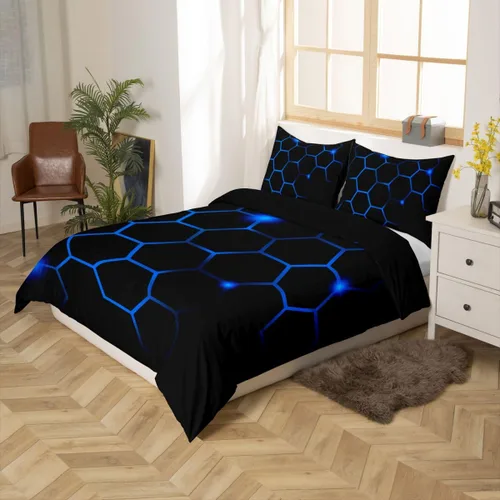 Miniatura 3 de Juego de funda de edredón hexagonal geométrica de panal de abeja, funda de edredón hexagonal moderna para niños, niños, niñas, azul neón, negro