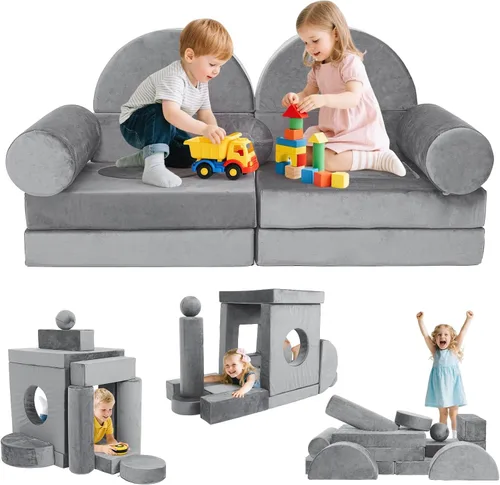 Sofá modular de juego para niños, 13 piezas, sofá de espuma de alta densidad, muebles de sala de juegos convertibles con funda de terciopelo suave