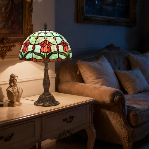 Miniatura 7 de Lámpara de mesa con tulipanes de vitrales, luz de lectura estilo Tiffany, 12 x 12 x 19 pulgadas, lámpara de escritorio de vidrio antiguo