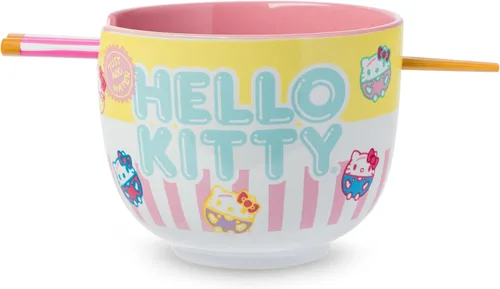 Miniatura 27 de Silver Buffalo Sanrio Hello Kitty Tazón de cerámica para ramen y arroz con diseño de flores, con palillos, apto para microondas, 20 onzas