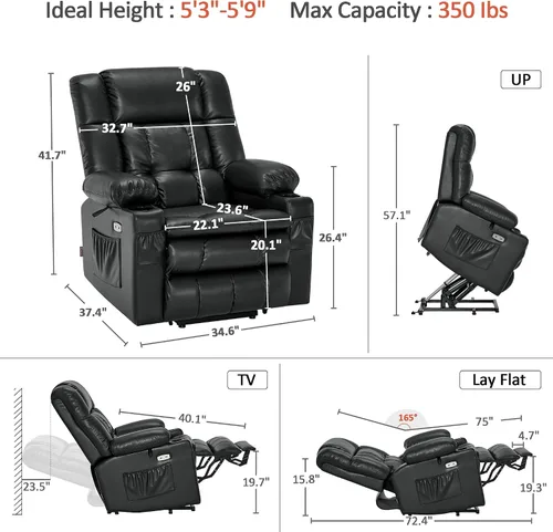 Miniatura 3 de MCombo Silla reclinable eléctrica de motor dual para adultos mayores, silla de elevación plana con calor y masaje, portavasos, puertos USB, piel