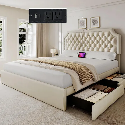 Miniatura 8 de DWVO Base de cama de tamaño matrimonial con cabecera ajustable, 4 cajones de almacenamiento y estación de carga, marco de cama tapizado de Beige