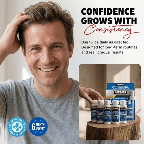 Miniatura 8 de Kirkland Signature Minoxidil Solución tópica USP 5%, tratamiento de crecimiento capilar extra fuerte para hombres, suministro de 6 meses