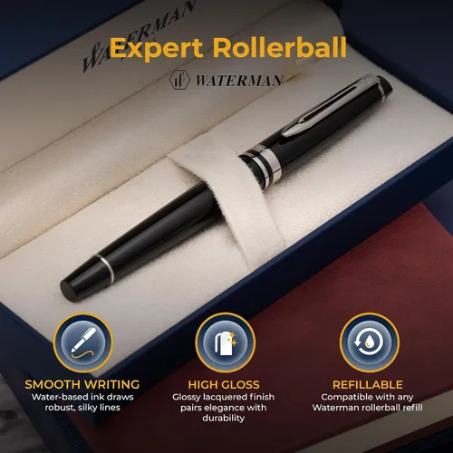 Miniatura 4 de Waterman Expert - Bolígrafo roller con tapa grabada, laca negra con borde cromado, regalo personalizado para ejecutivos, miembros de la junta