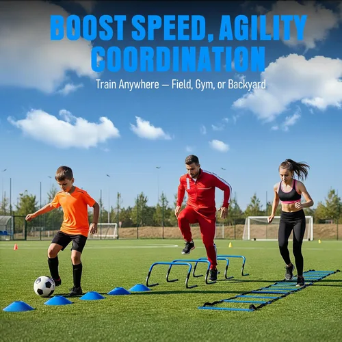 Miniatura 3 de Agility Ladder, Soccer Football Training Equipment Set - 20ft Speed Ladder, 4 Hurdles,Parachute, 12 Cones & Jump Rope Agility & Speed Training for