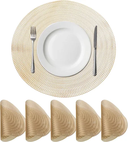uxcell Juego de 6 manteles individuales redondos dorados para mesas de comedor, manteles individuales metálicos de polivinilo prensado, manteles