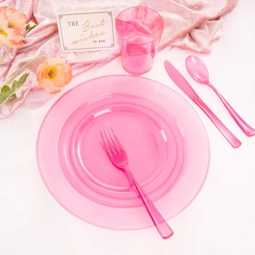 Miniatura 4 de WDF 25 platos de color rosa para invitados con cubiertos de plástico rosa y vasos rosados. La vajilla desechable transparente neón incluye 50