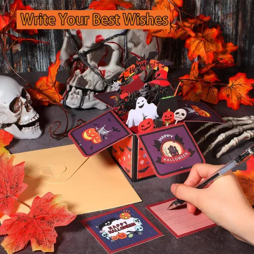 Miniatura 4 de Tarjeta de caja desplegable de Halloween, 3D de casa encantada, fantasma, calabaza, tarjetas para fiesta de Halloween con sobres, etiqueta de notas