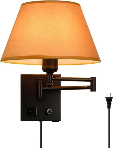 Miniatura 9 de Apliques de pared con brazo oscilante, lámpara de pared enchufable, lámpara de pared para dormitorio, pantalla de tela blanca, con interruptor