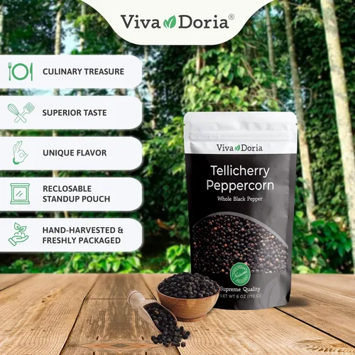 Miniatura 2 de Viva Doria Tellicherry Peppercorn, Pimienta Negra Entera, Granos de Pimienta Negra Esterilizados al Vapor, 6 Oz, Para Recarga de Molinillo