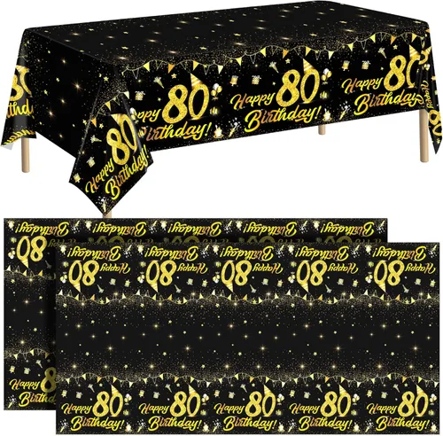 Miniatura 14 de durony Paquete de 2 manteles de cumpleaños, de plástico, color negro y dorado, impermeable, rectangular, para fiestas en interiores o exteriores