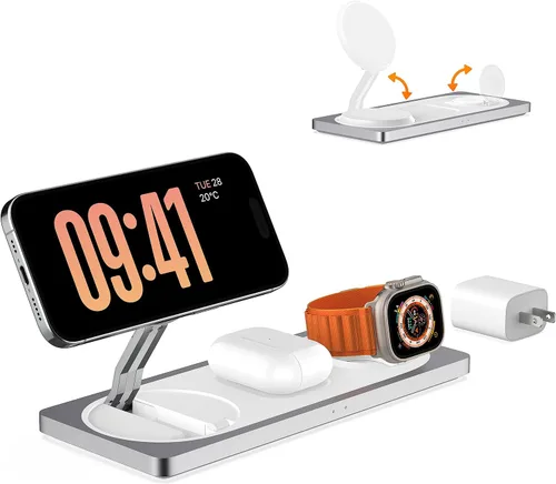 Miniatura 7 de Estación de carga 3 en 1 para dispositivos Apple: Usada para estación de carga de iPhone y reloj con soporte de cargador Magsafe, cargador Plateado