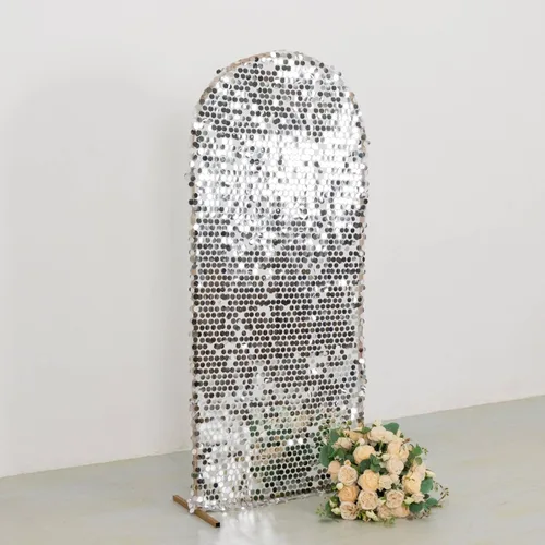 Miniatura 2 de Efavormart - Funda para telón de fondo de lentejuelas color plateado brillante para arco de boda con parte superior redonda, de una cara, 5 pies