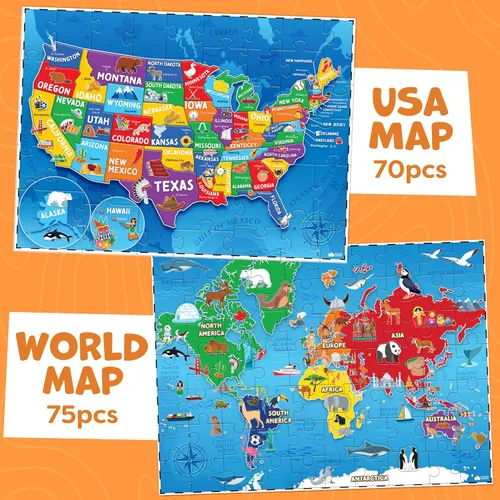 Miniatura 6 de Rompecabezas para niños de 4 a 8 años, 145 piezas, mapa del mundo y rompecabezas de Estados Unidos, juguetes educativos para niños de 4 años