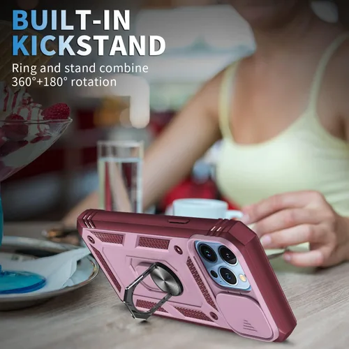 Miniatura 6 de Korecase Funda de protección para iPhone 12 Pro Max Kickstand con cubierta para lente de cámara, deslizante, grado militar, resistente, de doble Rosa
