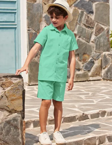 Miniatura 5 de COOFANDY Boy's 2 Piece Outfit Linen Short Sleeve Button Down Shirt Shorts Sets