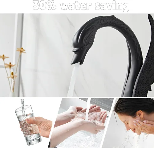 Miniatura 5 de Grifo de Lavabo Estilo Cisne Ornamentado Dorado Negro Combo para Baño con Montaje en Cubierta Conjunto de Grifo Mezclador para Lavabo Agua Caliente