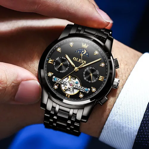 Miniatura 2 de OLEVS Relojes automáticos para hombre, esqueleto Tourbillon, reloj de pulsera de lujo con diamantes de cuerda automática, acero inoxidable