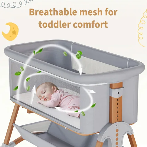 Miniatura 6 de Cuna de bebé 5 en 1, cuna de noche ajustable de 6 alturas para bebé, cuna mecedora con cómodo colchón y ruedas bloqueables, cesta de almacenamiento