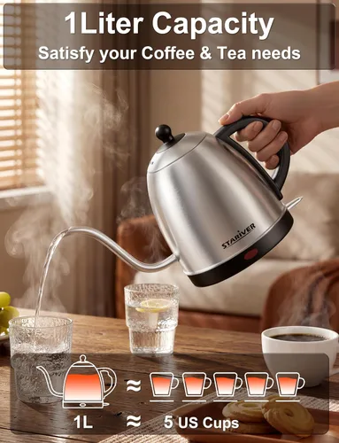 Miniatura 5 de Stariver Hervidor eléctrico de cuello de cisne, hervidor de agua de 1 litro, sin BPA, para verter sobre tetera de acero inoxidable para café y té