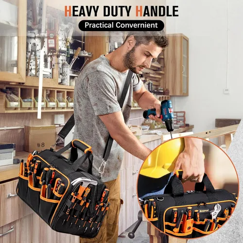 Miniatura 7 de Bolsa de herramientas de 17 pulgadas para electricistas para hombres, bolsa de herramientas resistente de 46 bolsillos, bolsa de herramientas HVAC