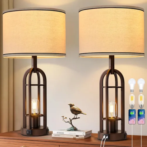 SRJJA Juego de 2 lámparas de mesa de granja para sala de estar y dormitorio, lámparas de noche industriales rústicas para mesitas de noche con USB
