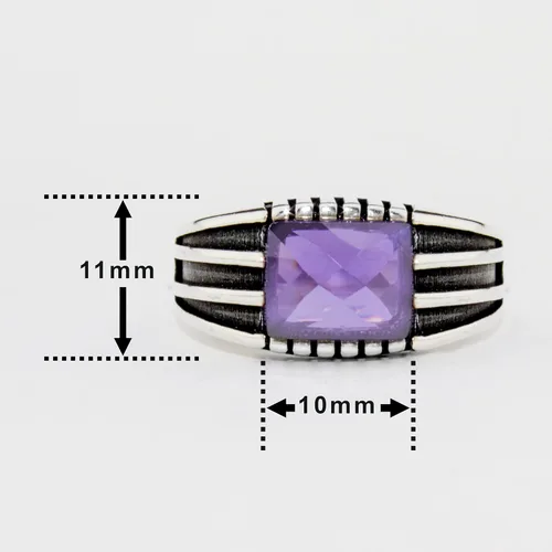 Miniatura 4 de Anillo de lujo de plata de ley 925 sólida para hombre con piedra de amatista simulada púrpura transparente facetada, Metal Metal Piedra, Amatista