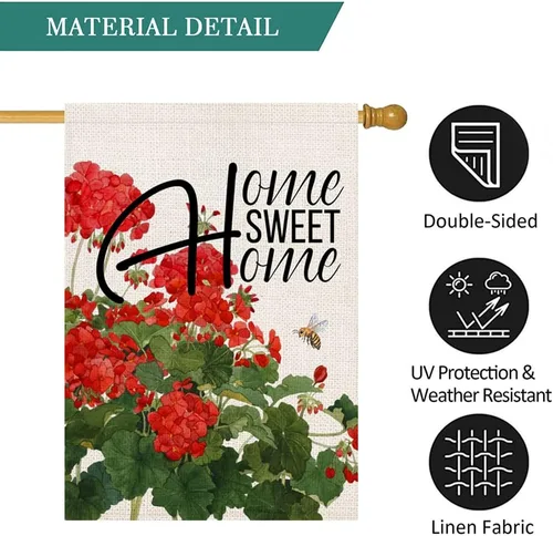 Miniatura 5 de Bandera de geranio para casa de primavera y verano, arpillera de doble cara, abejas florales rojas con cita para el hogar, bandera decorativa
