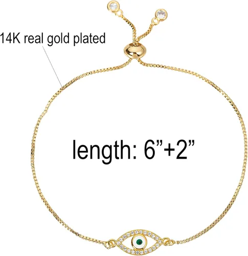 Miniatura 2 de Pulsera delicada chapada en oro real de 14 quilates para mujeres y hombres eslabones de cadena de oro ajustable con eslabones de ojo malvado Hamsa