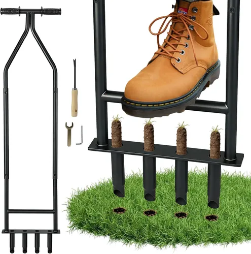 Herramienta aireadora manual para césped, aireador de césped de hierro desmontable resistente con desbrozador de raíces, reduce la compactación del