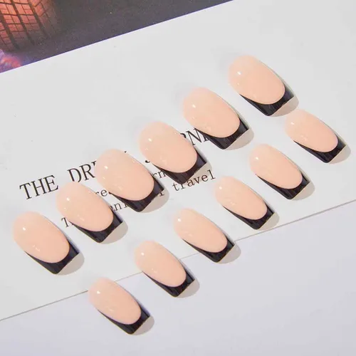 Miniatura 2 de RikView uñas postizas de punta francesa de longitud media, uñas negras adhesivas, uñas cuadradas naturales para mujeres