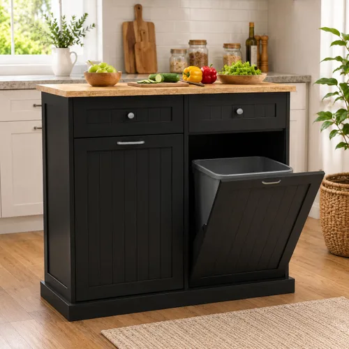 RASOO Gabinete de basura de doble inclinación hacia fuera, cesta de lavandería independiente de madera con 2 cajones, cubo de basura de cocina para