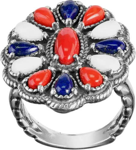 Miniatura 4 de American West Sterling Coral, Ágata, Lapislázuli - Anillo de racimo rojo, blanco y azul tamaños 5 a 10