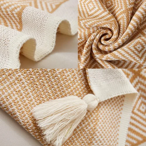 Miniatura 7 de AIVIA Manta bohemia para silla y cama, manta bohemia de punto de poliéster con rayas geométricas para todas las estaciones, manta tejida para sofá