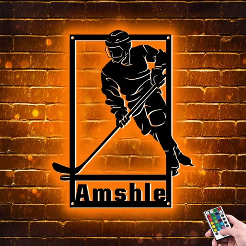 Miniatura 15 de Arte de pared de hockey con nombre y número personalizado, letrero de metal personalizado para jugador de hockey con luz LED, letrero de neón