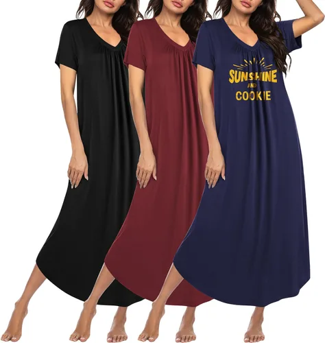 Miniatura 22 de Ekouaer Paquete de 3 camisones largos para mujer, talla grande, vestido de casa de manga corta, cuello en V, camisón casual, M-5XL