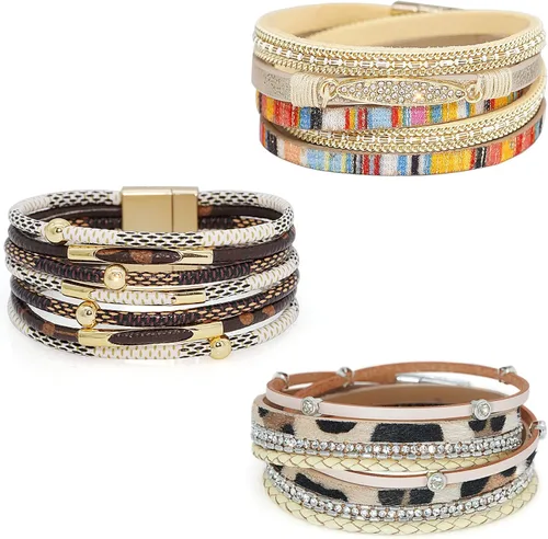 Miniatura 18 de Wowanoo - Juego de 3 pulseras de cuero de varias capas con cierre magnético para mujer, con cristales, ramas de árbol pulseras para mujer.