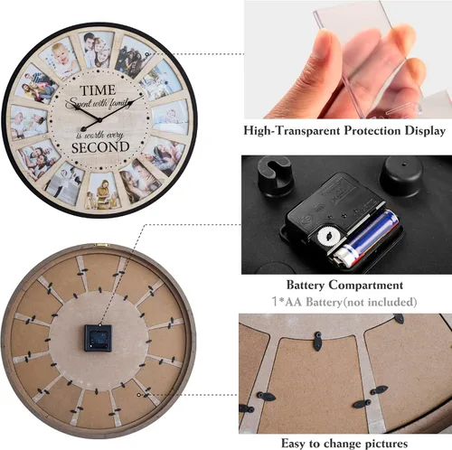 Miniatura 6 de Reloj de pared de madera rústica estilo granja con collage de 12 fotos, reloj de pared grande con fotos familiares para sala de estar, hogar