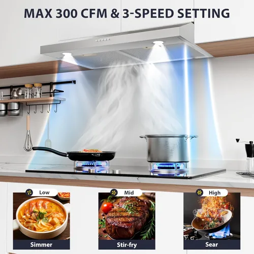 Miniatura 8 de Campana extractora de 30 pulgadas para debajo del gabinete, campana extractora de cocina convertible con conductos/sin conductos, ventilador