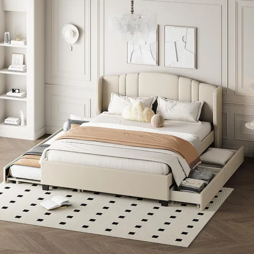 Miniatura 24 de Cama de plataforma tapizada de tamaño individual con barandilla, cabecera de almacenamiento y estribo, para niños, adolescentes y adultos, uso